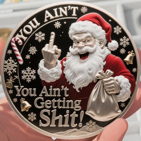 Sassy Christmas Coin Santa Knows You Ain't Getting Shit Coin Middle Finger Santa Claus