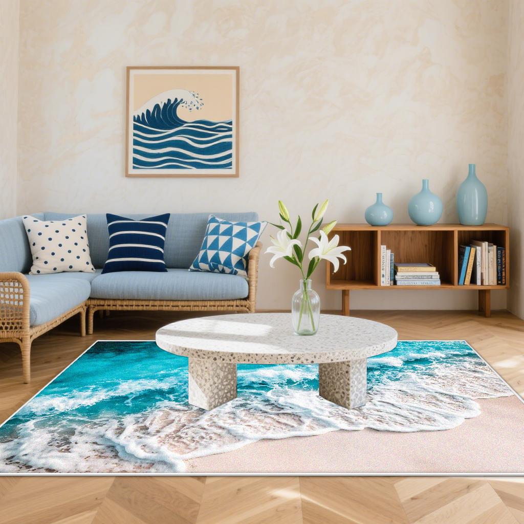 3D Küstenstrandwellen Teppiche Wohnzimmer Cartoon Dekoration Zuhause Großer Teppich Sofabereich Teppich Schlafzimmer Lounge Bodenmatte Waschbar