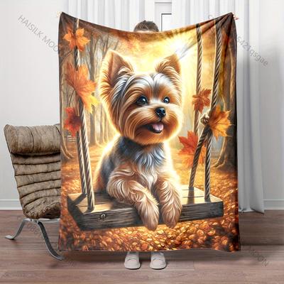 Fall Themed Puppy On A Swing Print Blanket Warm Soft Luxury Gift for Child Adults Suitable for Home Sofa Bed Travel Camping