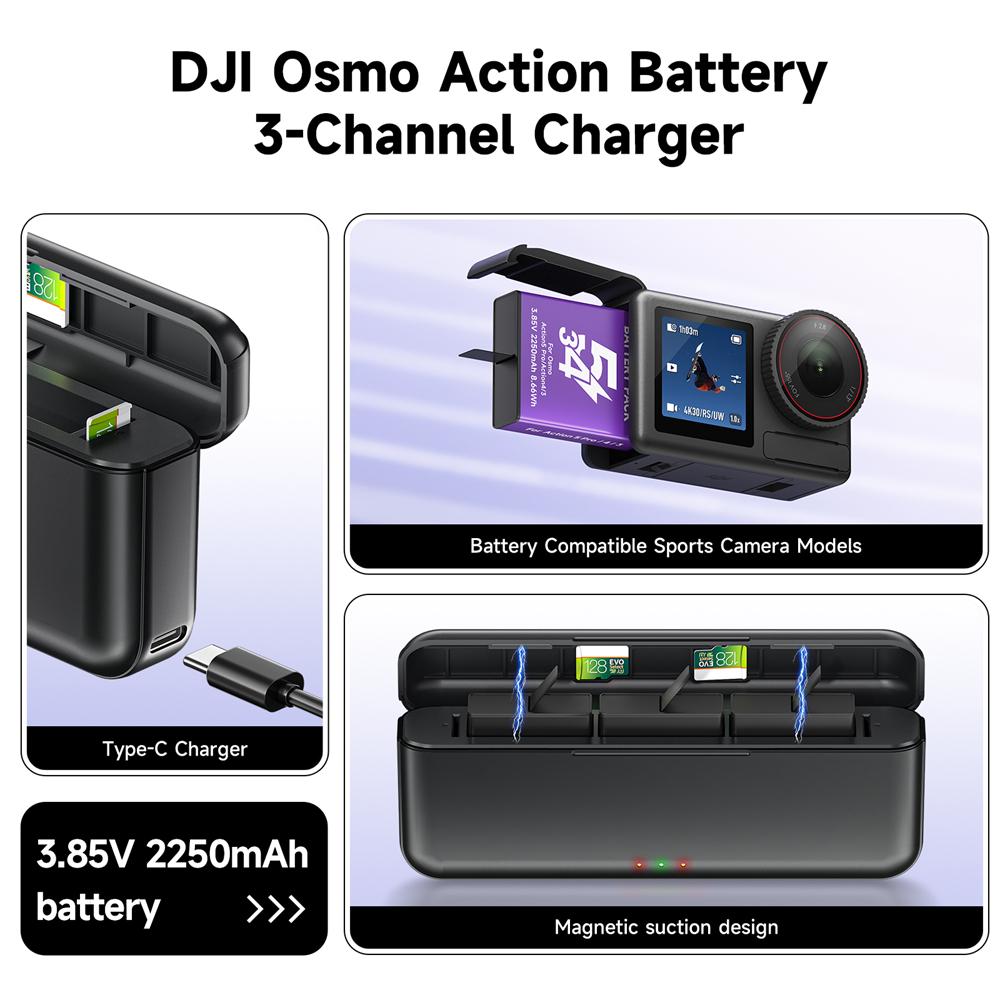 2250mAh Für DJI Osmo Action 5 Pro Action 4 Kamera-Akku mit 3-Kanal-Schnellladegerät Für DJI Osmo Action 4/3 Zubehör