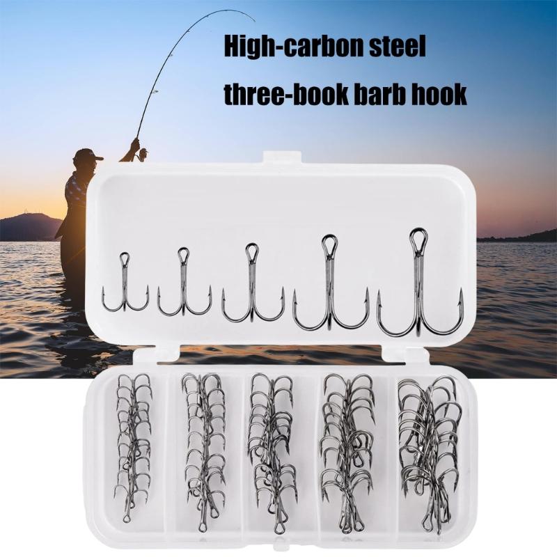 50Pcs/box Fishing Treble Hooks Set, High Carbon Steel Hooks Sharply Round Bend Treble Hooks Strong Barbed Fishing Hooks