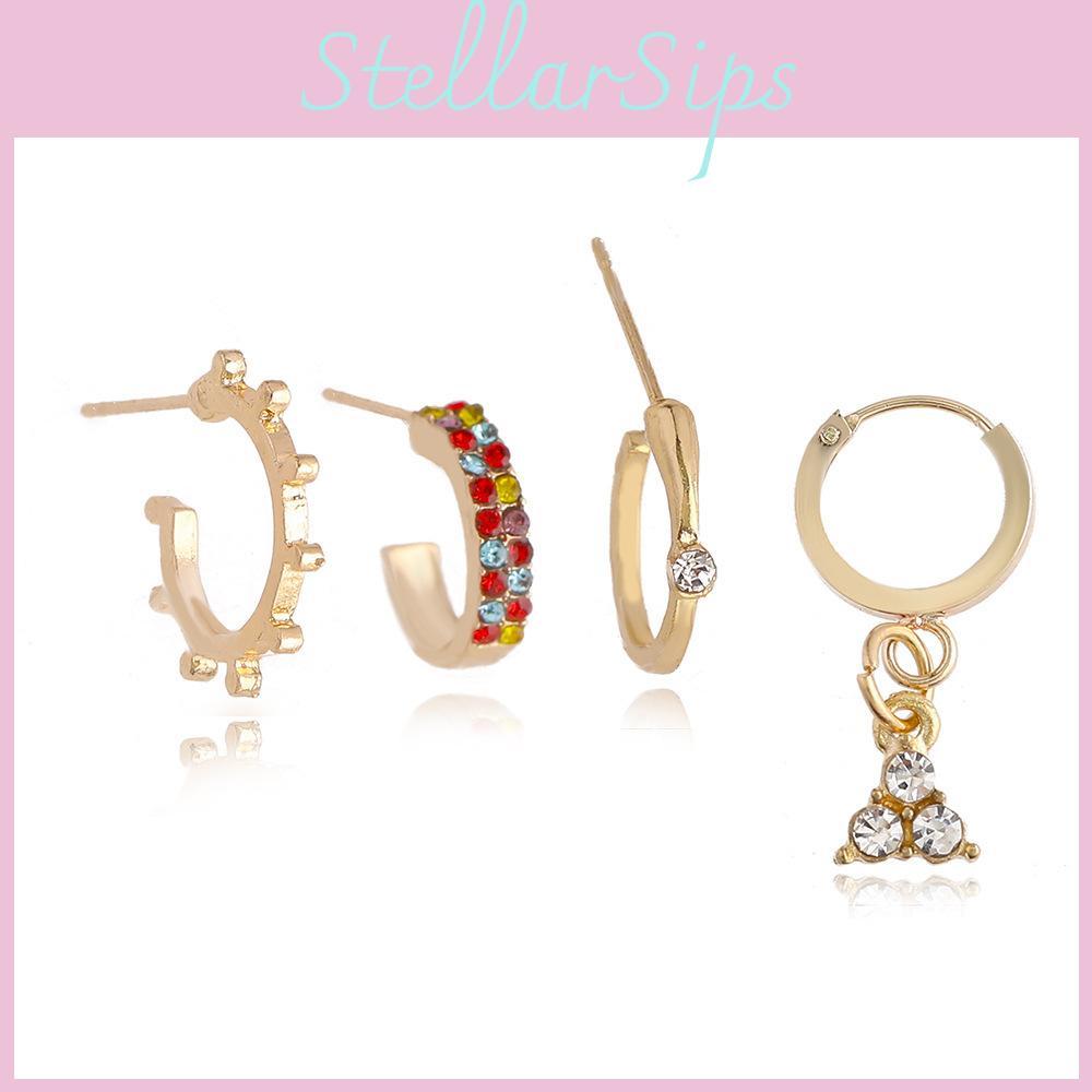 Stylish Geometric C-shaped Earrings Set Fashionable Rhinestone Adorned Jewelry