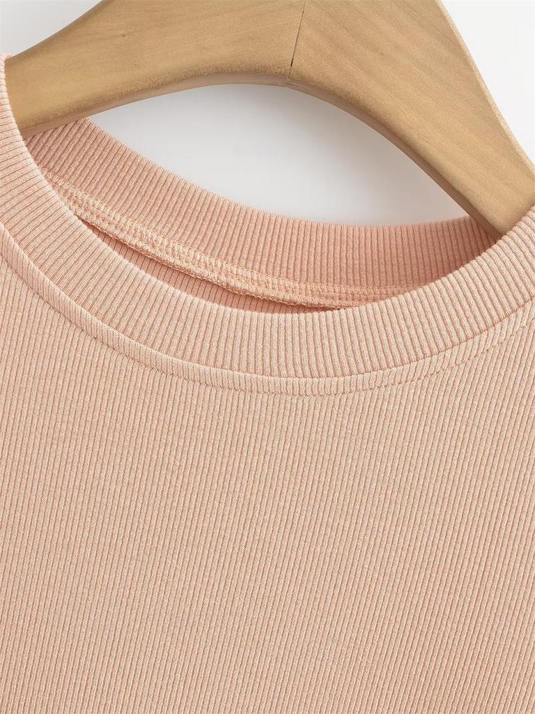 Trendy Women's Ribbed Slim Fit Short Sleeve T-Shirt with Sexy Round Neck and Straight Shoulders.
