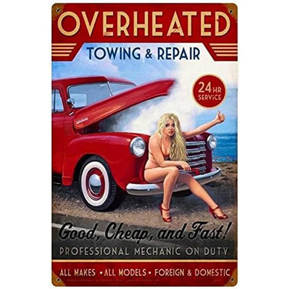 Pin-up Girls Gas Oil Station Motorcycle Full Service Greased Route 66 Auto Repair Metal Tin Signs Rural Vintage Garage Pub Ba