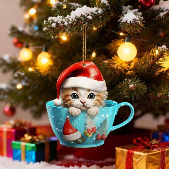 Christmas Pendant 2D Acrylic Cat Sitting Mug Charm Hanging Decor with Lanyard Holiday Party Decoration