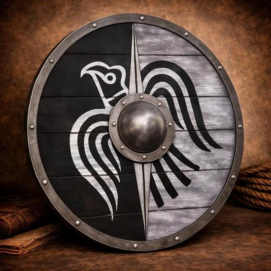 Wikingowski Tarcza z Krukiem Dekoracja Ścienna 60,96 Cm Nordycki Kruk Odyna Drewniana Tarcza, Średniowieczny Skandynawski Wojownik Dekoracja Prezent