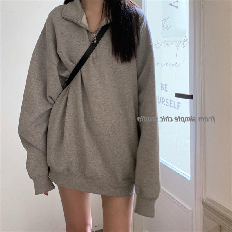 Women's Gray Polo Collar Half-Zip Sweater - Korean Loose Fit, Lightweight Long Sleeve Top for Spring & Autumn.