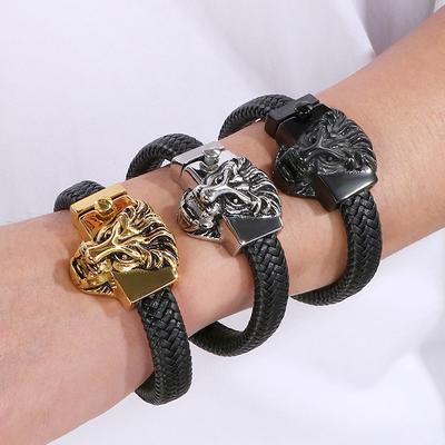 Punk Gothic Men's Bracelets Lion Face Head Leather Bracelet for Men Stainless Steel Wrist On Hand Mens Jewelry Accessories Birthday Gifts