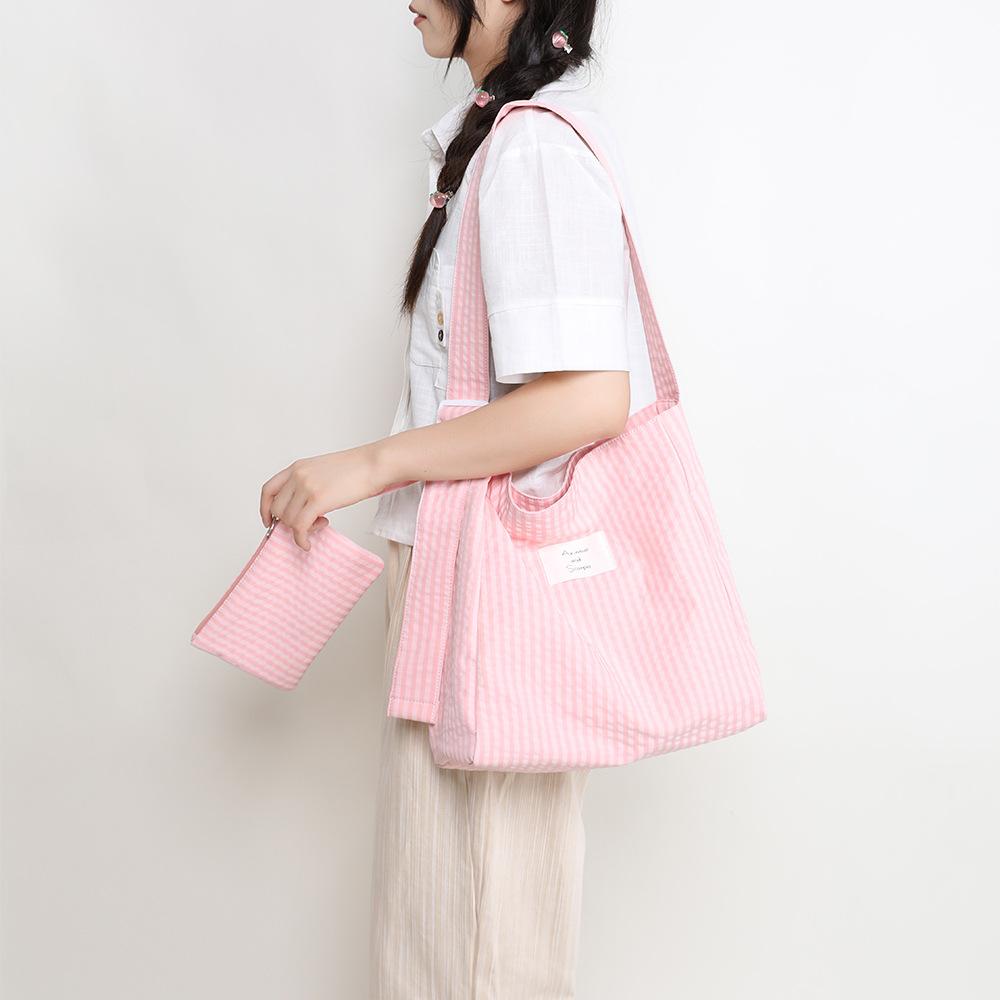Spring And Summer Striped Cloth Bag Large Capacity Shoulder Tote Bag College Student Class Messenger Bag Bucket Tote Bag