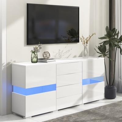High Gloss White Sideboard Storage Cupboard Unit with 16 Colors LED Lights for Dining Room Living Room