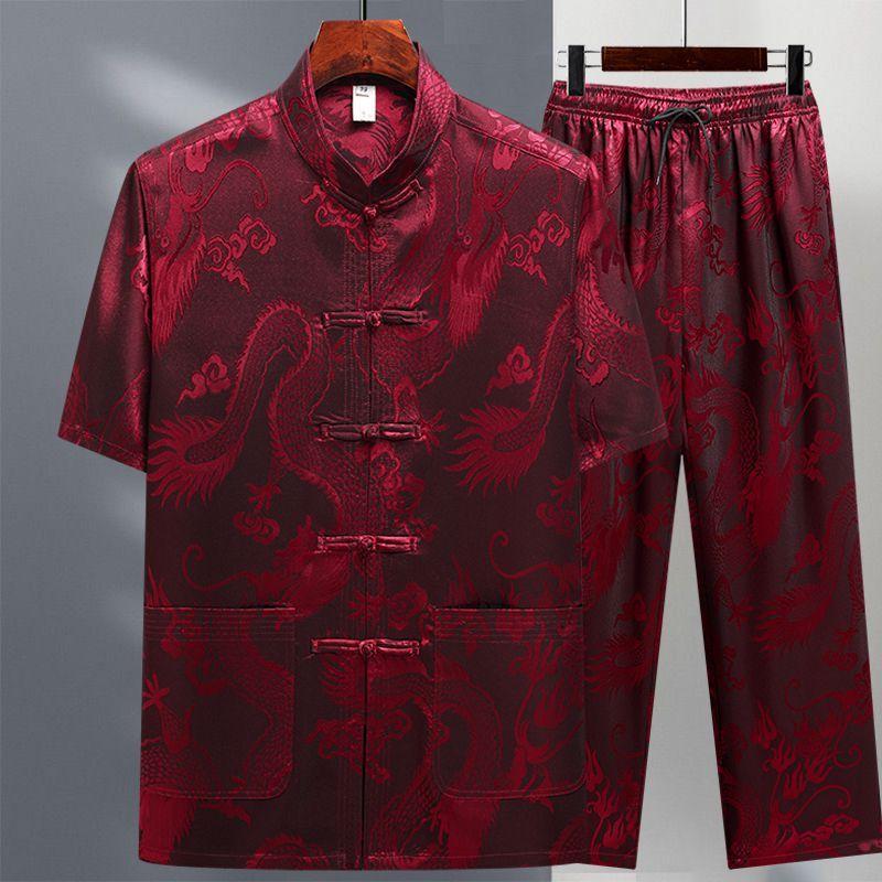 Hemden + Hosen Sommer Langarm Sportbekleidung Herren Freizeit-Sets Mann Chinesischer Stil Herrenhemden und Hosen