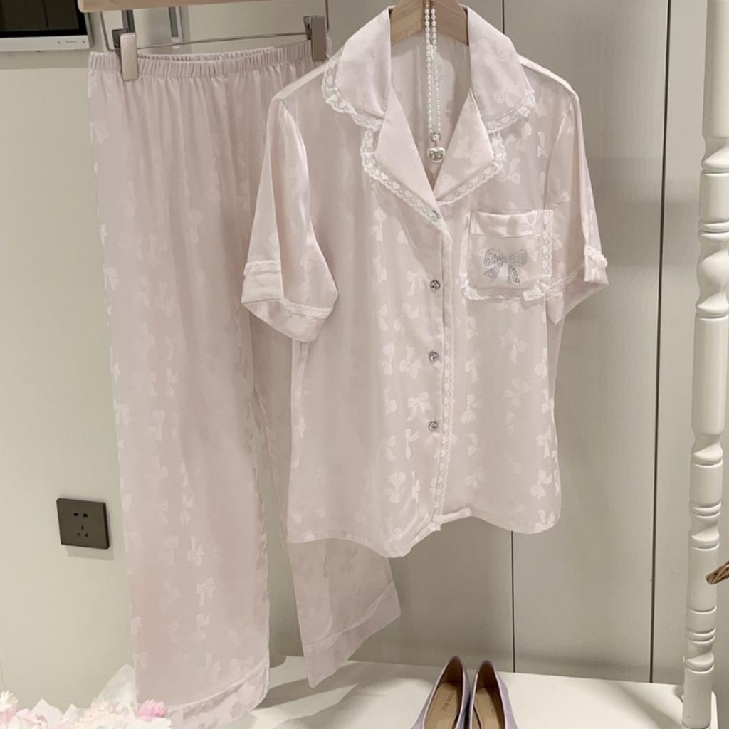Summer ice silk thin pajamas women's pure lace short-sleeved lapel loungewear suit can be worn outside