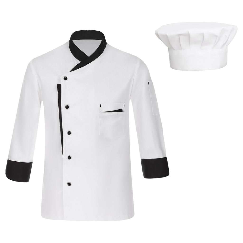 Veste de chef à manches longues unisexe couleur contrastée manteau de cuisine professionnel uniforme de cuisinier restaurant hôtel avec chapeau amovible