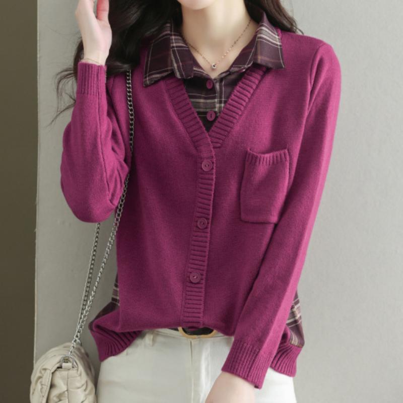 2024 Women's Spring Autumn Bottom Shirt Fake Two Piece Knitted Long Sleeve Tops Short Cardigans Sweater Femme Casual Knitwears Coat