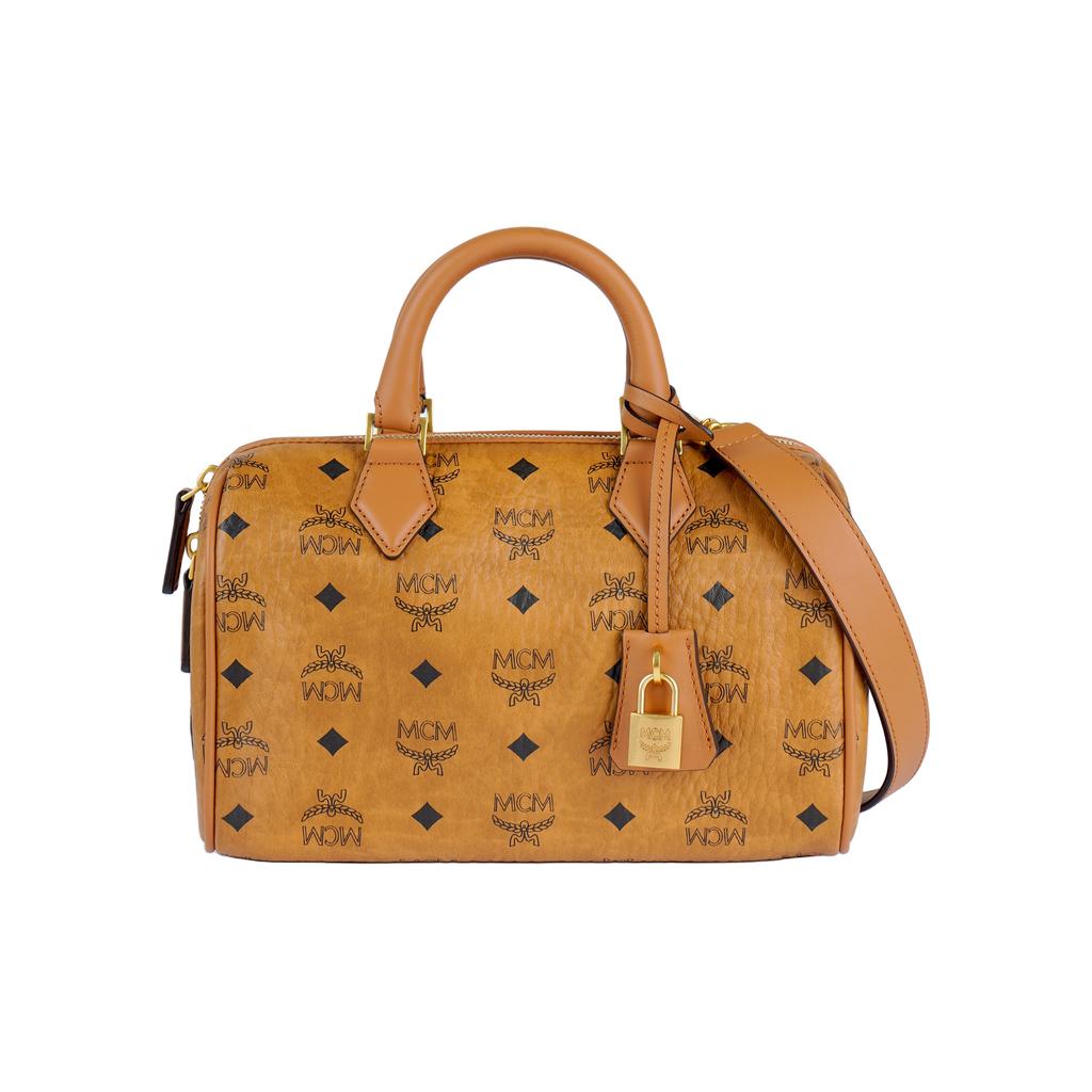 MCM Ella Monogramm Goldenes Schloss Anhänger Reißverschluss Leinwand Mit Leder Boston Tasche Crossbody Handtasche Kleine Damen Handtaschen Cognac MWBESEA02CO001