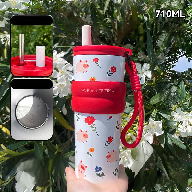 High-value Thermos Cup with Carrying Rope Portable Ice Cup Large-capacity Car Straw Water Cup