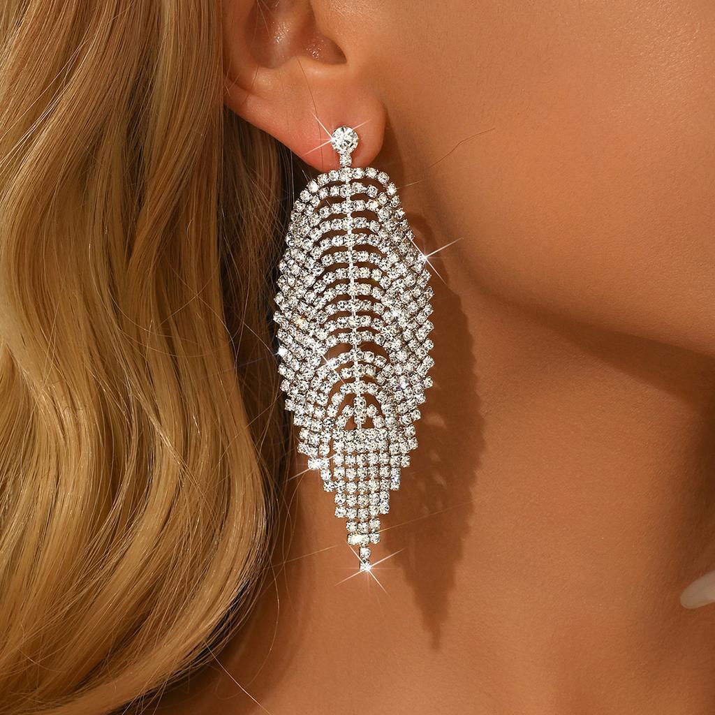 Heavy Industry Fashion Light Luxury Feather Tassel High-End Earrings Women'S Full Diamond Dress Wedding Dress Earrings Stud Earrings Accessories