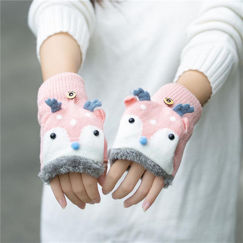 Children's Winter Cartoon Reindeer Flip-Top Half-Finger Gloves, Ages 4-10, Boys & Girls, Plus Velvet, Thick Cotton, Warm.