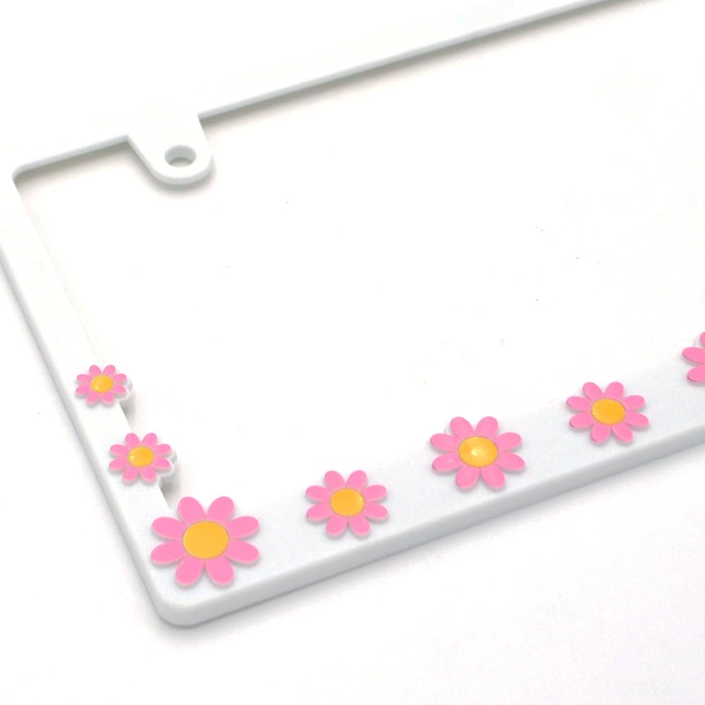 DAISY License Plate 3D Floral for Cars Set of with New Frames, Pattern, Matte, (White Pink, 2) [Compliant Regulations]