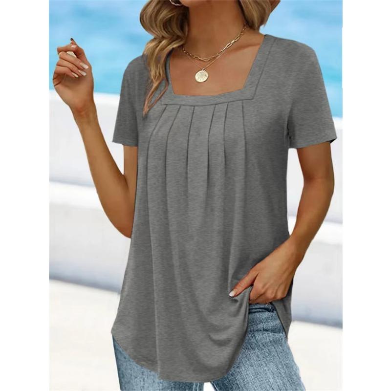 T-shirt d'été à manches courtes pour femmes, plissé, à col carré, grande taille, couleur unie, haut ample, mode élégante pour le bureau, décontracté simple