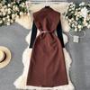 New 2024 Autumn Winter Black Knitted Sweater Tops Suits For Women Notched Collar Sleeveless Tank Double-Breasted Belt Dress Sets