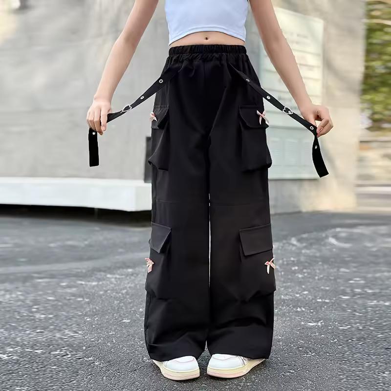 

Kids Cargo Pants with Side Pocket for Tweens Girl High Fashion Hip Hop Bow Trousers Child Street Trackpants 120 чорний