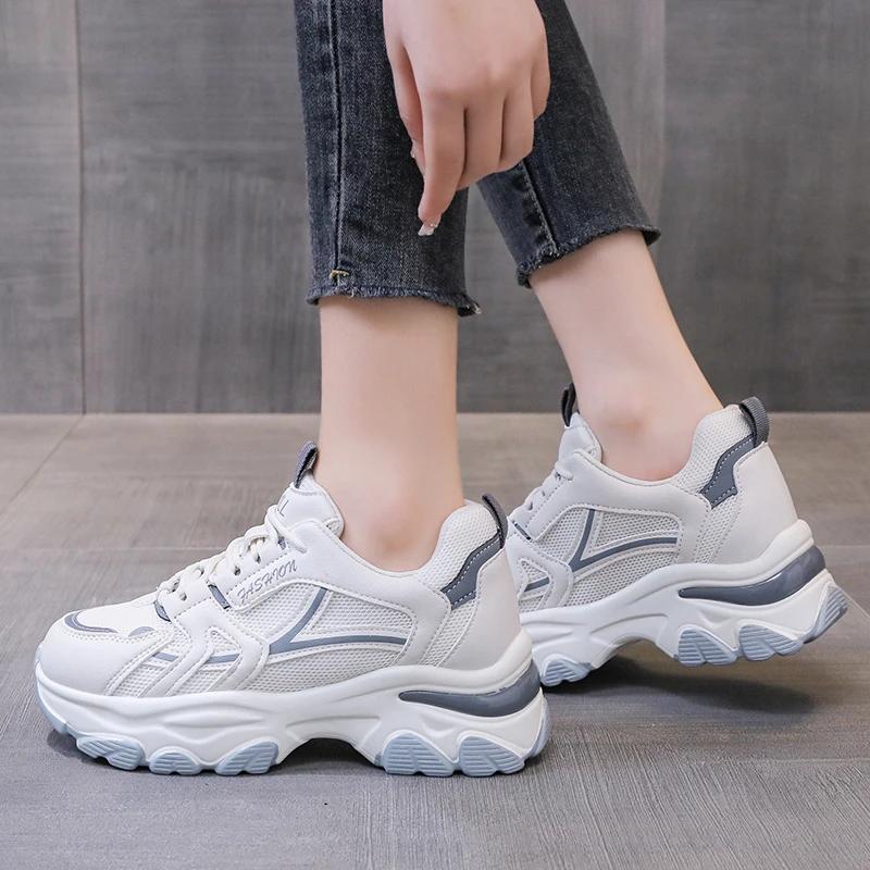 Women's Fashion Lace-up Casual Sneakers Lightweight Soft Sole Running Shoes 6CM Thick Soled Mesh Breathable Sports Shoes