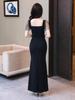 Elegant Black Square Neck Slit Dress - Women's Nightclub Evening Gown for Foot Bath Technician Workwear