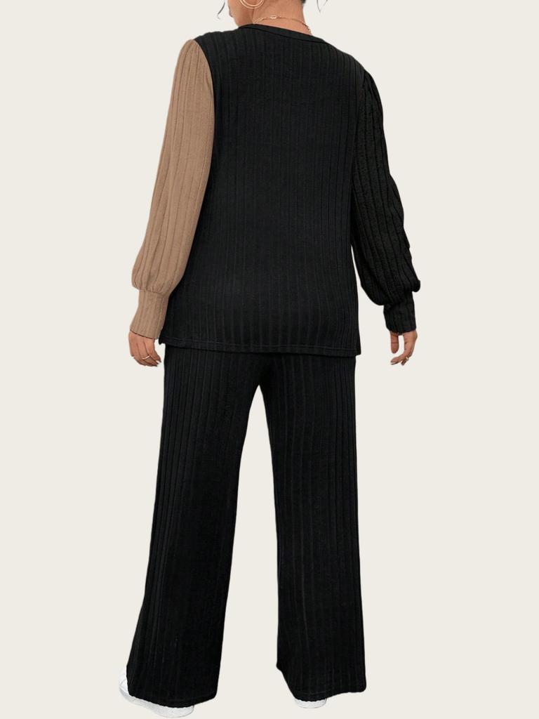 Dámská pletená souprava s barevným potiskem a rovnými kalhotami, nadměrná velikost