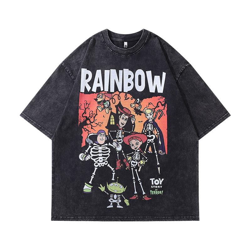 Harajuku Japanese Cartoon Printing Tide Brand Short-Sleeved T-Shirt Men'S And Women'S Hip-Hop Vibe Washed And Made Old Half-Sleeved Tee Shirt