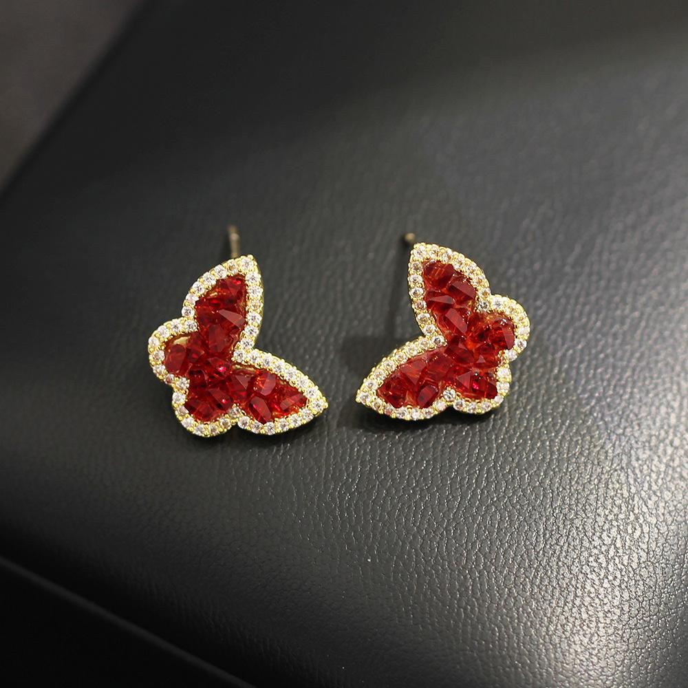 2025 Autumn and Winter New Red Crystal Butterfly Stud Earrings High-end Light Luxury Niche Design Unique Exquisite Earrings Women