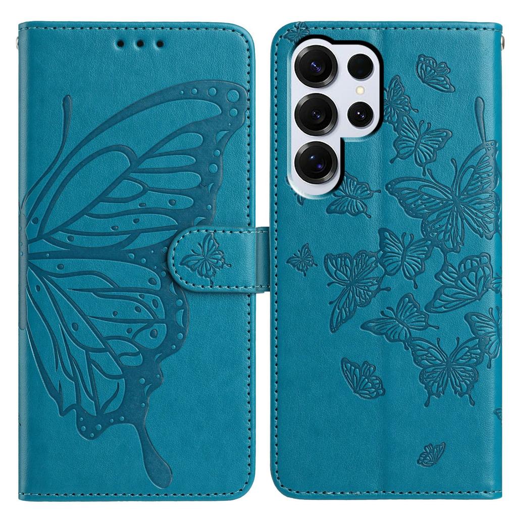 For Samsung Galaxy S25 Ultra Case Butterfly Imprinted Wallet Stand PU Leather Flip Phone Cover with Strap