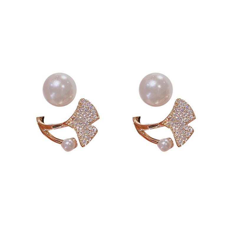 S925 Korean Pearl Red Two-Way Maple Leaf Stud Earrings with Full Diamond Accents