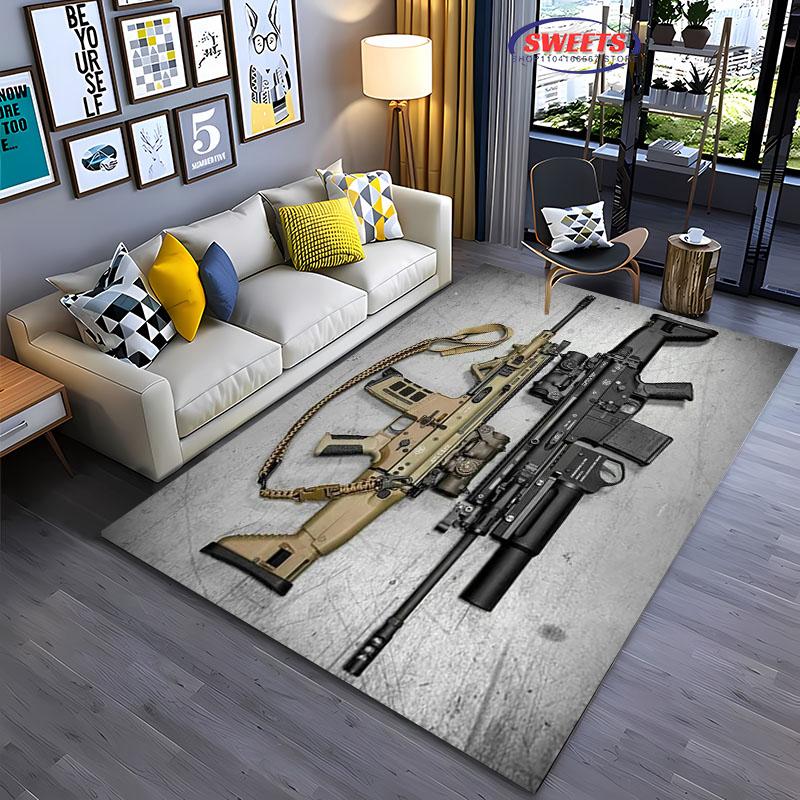 Pistolen-Themenbereichsteppich, Sturmgewehr Pistole Revolver Pistole Teppich für Wohnzimmer Schlafzimmer Sofa Fußmatte Dekor Rutschfeste Bodenmatte Geschenke