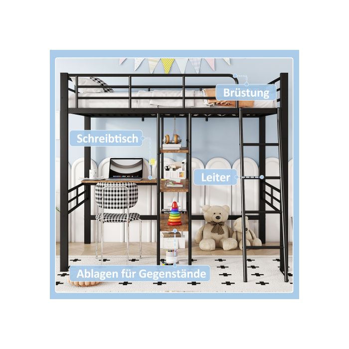 Lit mezzanine - MUVOE - 90x200cm - Noir - Avec bureau - Échelle sécurisée