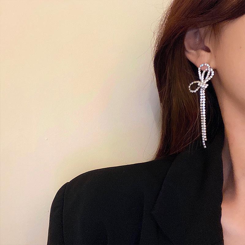 S925 Silver Needle Diamond Bow Tassel Earrings - Trendy Korean Fashion for Women