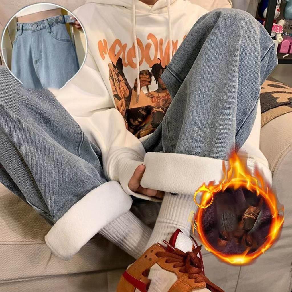Streetwear Vintage Fleece Lined Thickened Washed Jeans Women Y2K High Waist Loose Straight Trousers Casual Jeans