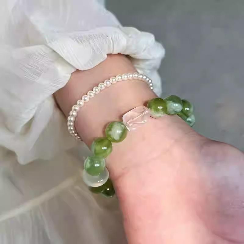 Natural Women's Fashion Xiuyan Jade Bracelet with Green Grape Milk Cap and Pink Crystal Peace Buckle