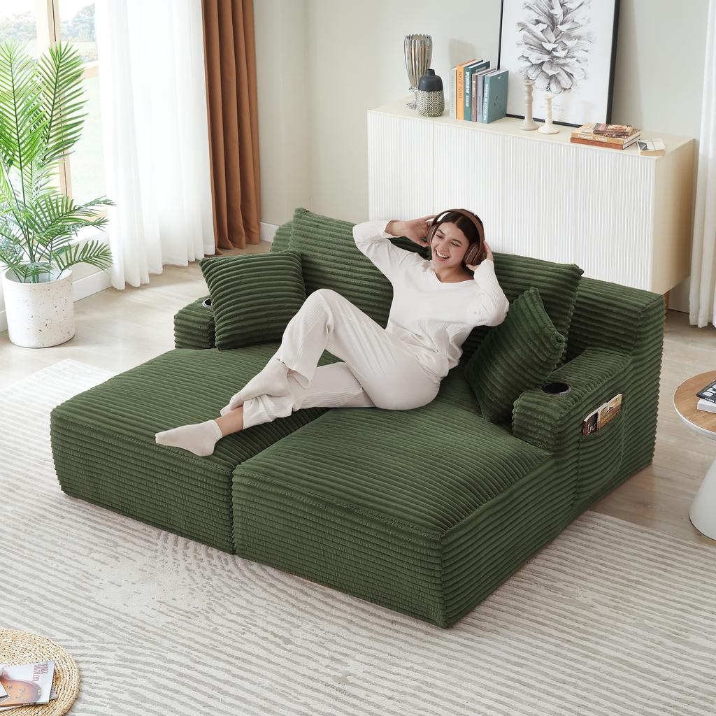 Compressible Double Chaise Lounge with Cup Holders – No Assembly Required, Fluffy Two-Seater Sleeper Sofa for Living Room, Bedroom and Reading Nook