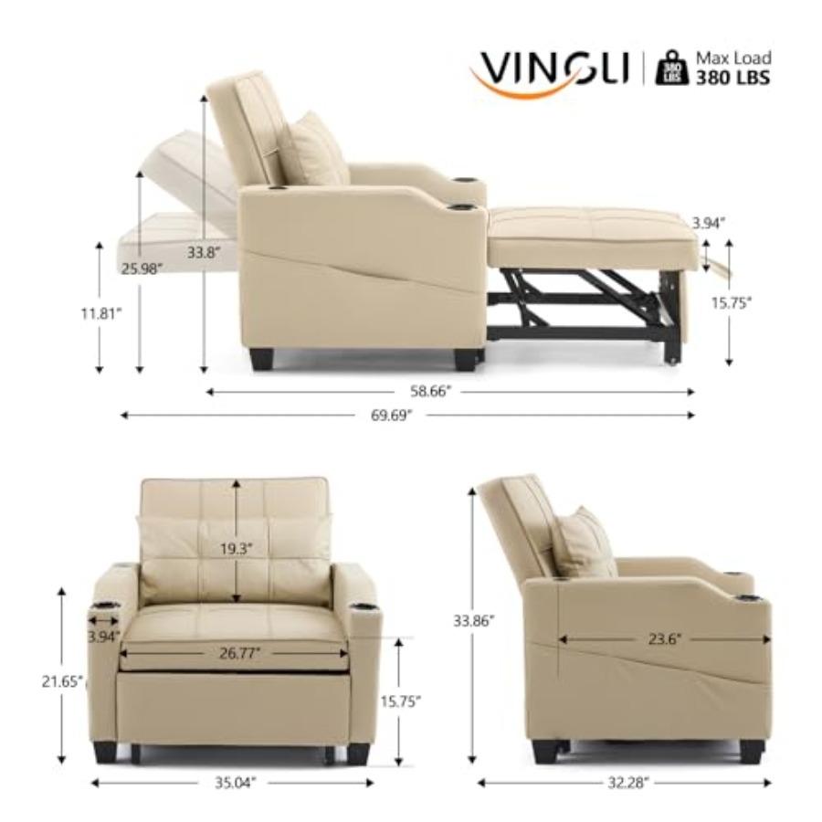 Sofa Bed Chair Recliner, 3-in-1 Convertible Sleeper Sofa Chair Bed Beige Daybed Pull Out Couch Bed with Adjustable Backrest, US