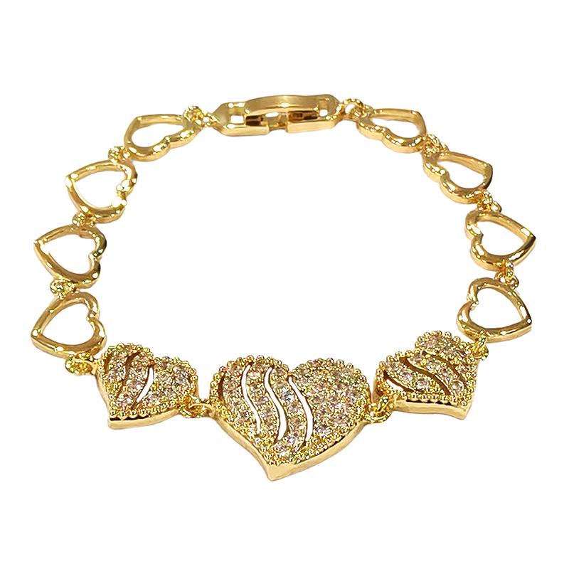 Gold Heart Zirconia Bracelet: European-American Fashion, Korean Style, Light Luxury High-End Feel.