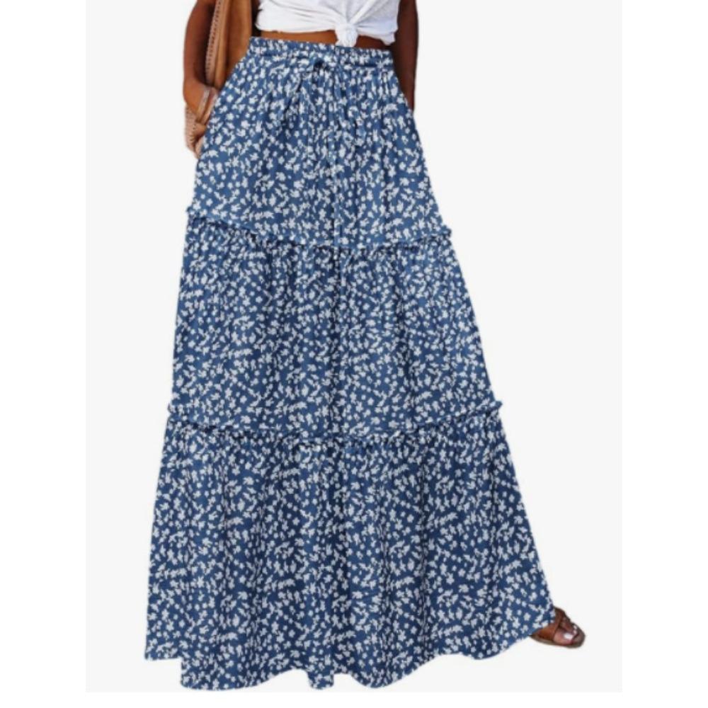Gonna Lunga da Donna a Balze con Stampa Floreale, Vita Alta Elastica e Coulisse
