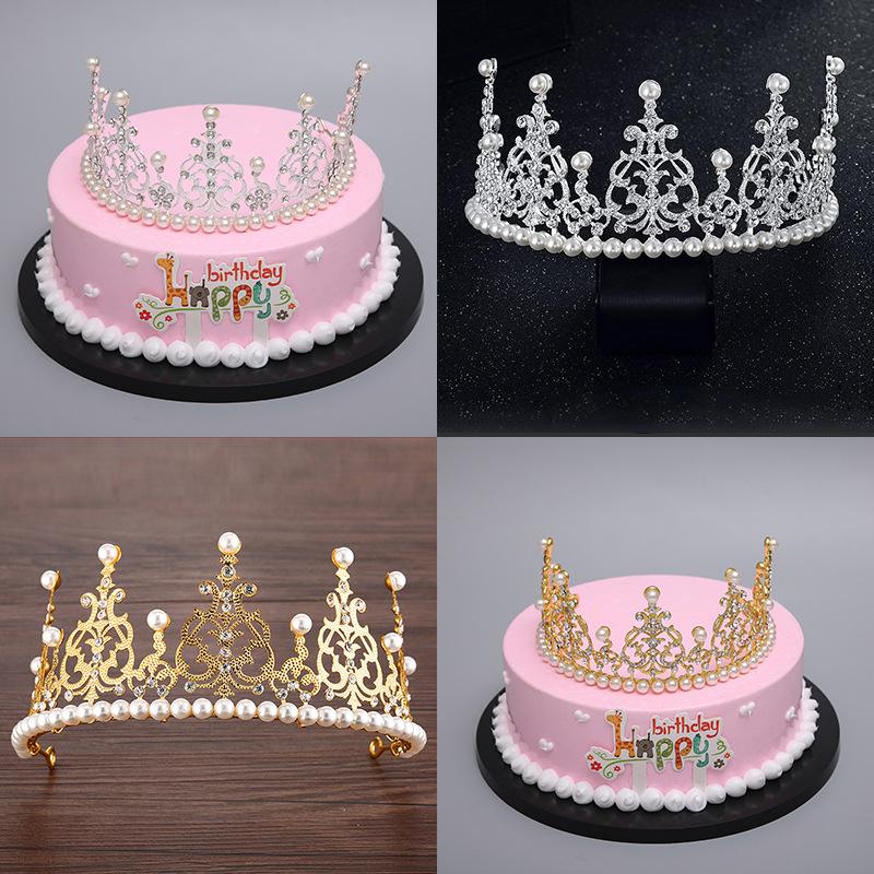 1Pc Pearl Crown Half Crown Cake Decoration Crown Flower Ornaments Children's Hair Ornaments Korean Iron Sheet Pearl Crown