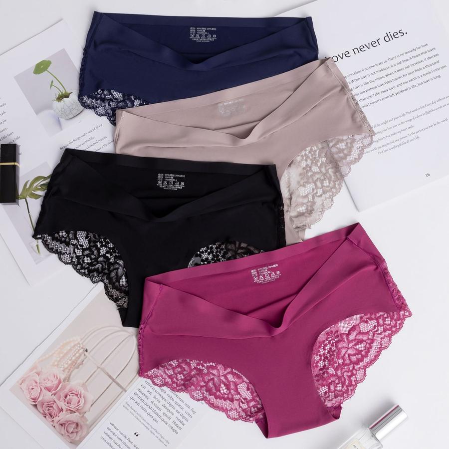 2 pcs Lace Waistband Seamless Wire-Free Lace Cotton Breathable Sexy Cute Plus Size Girls Triangle Panties