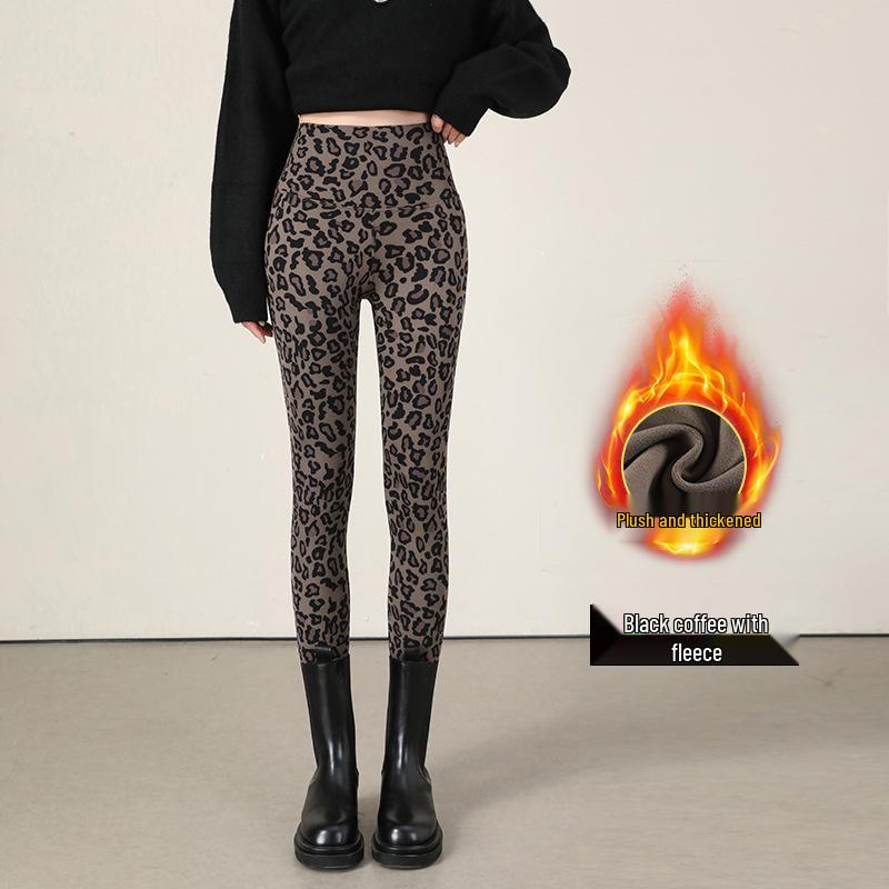 Leggings med hög midja och leopardmönster: Dambyxor för höst/vinter, smalnar av, kontrollerar magen, lyfter rumpan, med plus sammet, för yoga.