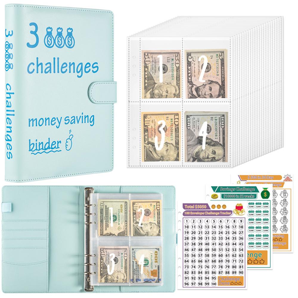 100 Envelopes Money Saving Challenge Budget Binder PU Leather Cover with Cash Envelope PVC Pocket