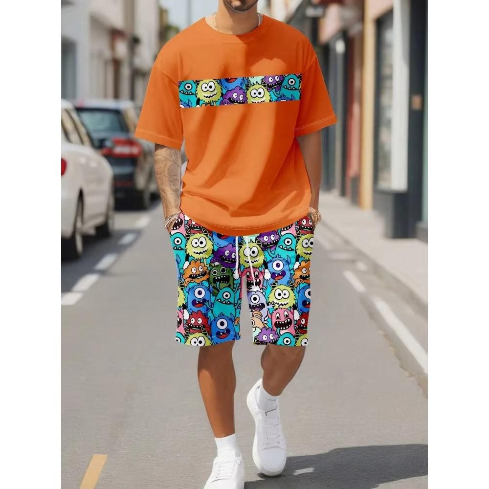 Cartoon Print Summer Casual Men's Suit Urban Fashion Street Short Sleeved Top and Shorts Casual Lightweight Breathable T-shirt Set