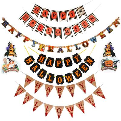 Halloween Decorative Pull Flags with Bats, Skeletons, Ghosts, and Pumpkins - Colorful Festive Styles.
