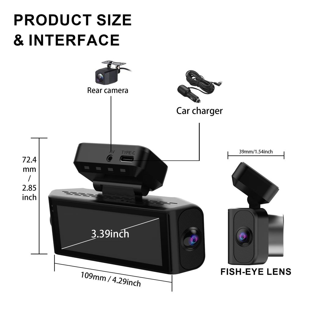 4K 360° Quad HD Dash Cam, Night Vision, WiFi, 4 Lenses, Rear Backup Camera