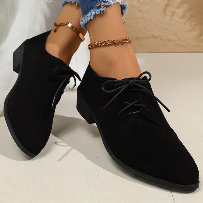 Fashion Comfortable Faux Suede Low Heel Pumps Women Solid Color Lace Up Loafers Woman Plus Size 36-43 Pointed Toe Casual Shoes Female